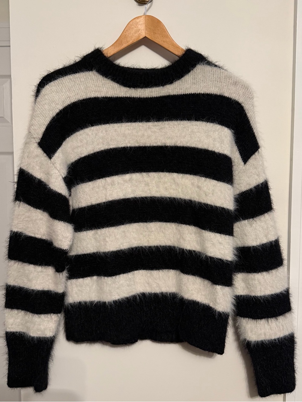 a new day Black and White Fuzzy Striped Crewneck Sweater